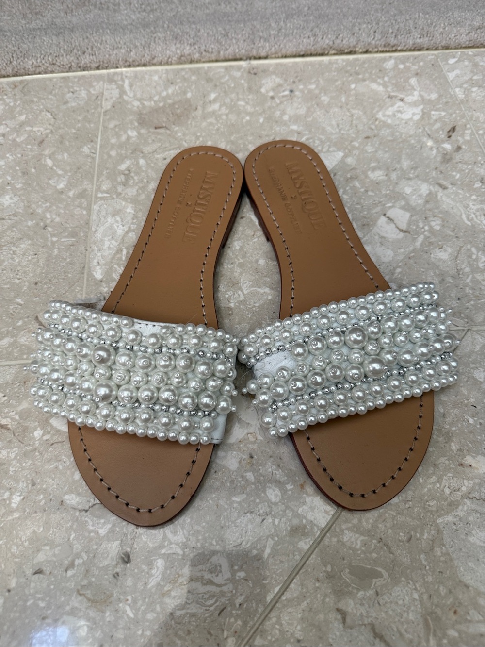 Mystique x Stephanie Gottlieb Pearl Embellished Sandals Size 8